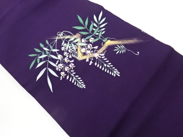 JAPANESE KIMONO / HAND-PAINTED WISTERIA PATTERN SHIOZE GOLD-LEAF FABRI